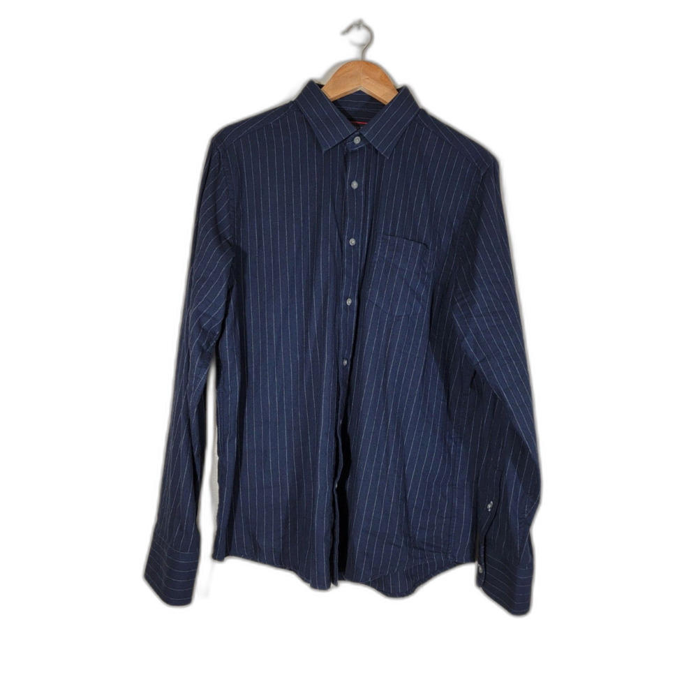 UNTUCKit Slim Fit Navy Blue Striped Long Sleeve Button Shirt - Large